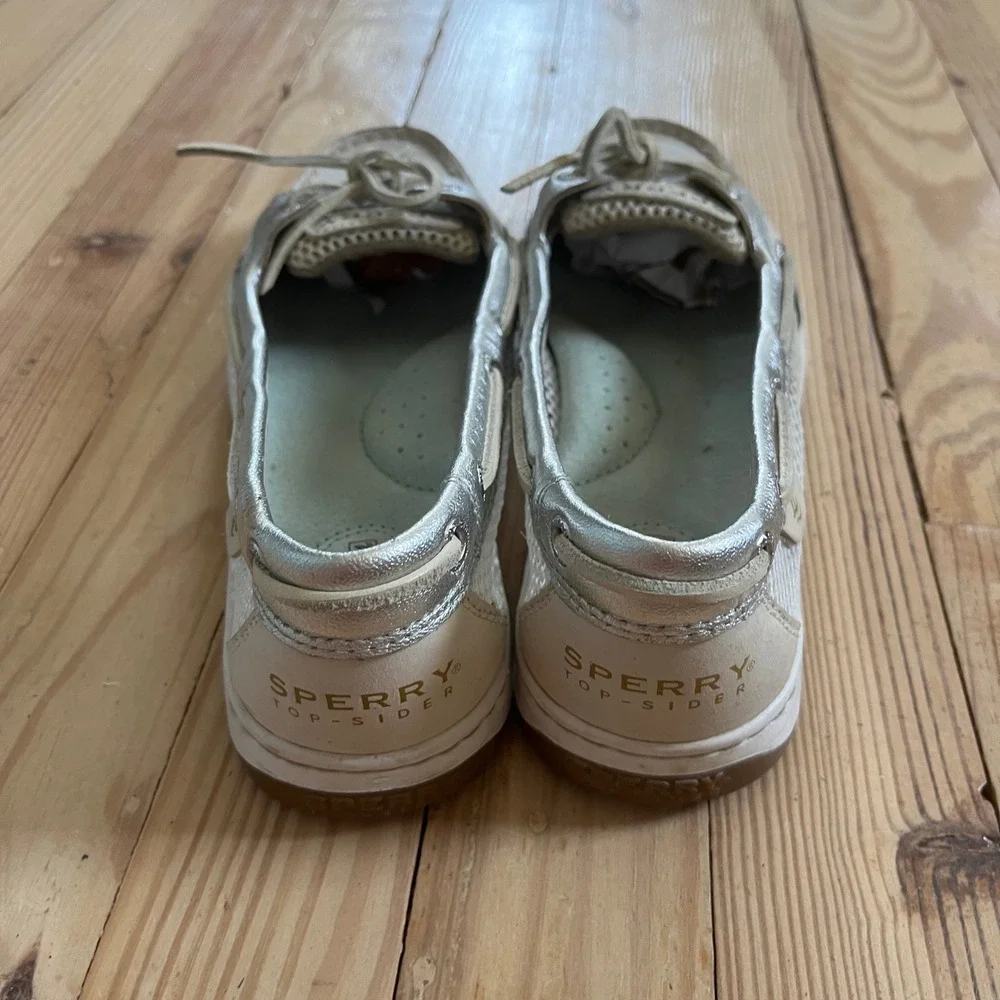 Sperry Top-Sider Womens 8M Silver Tan Mesh Boat Shoes Metallic Loafers 9102765